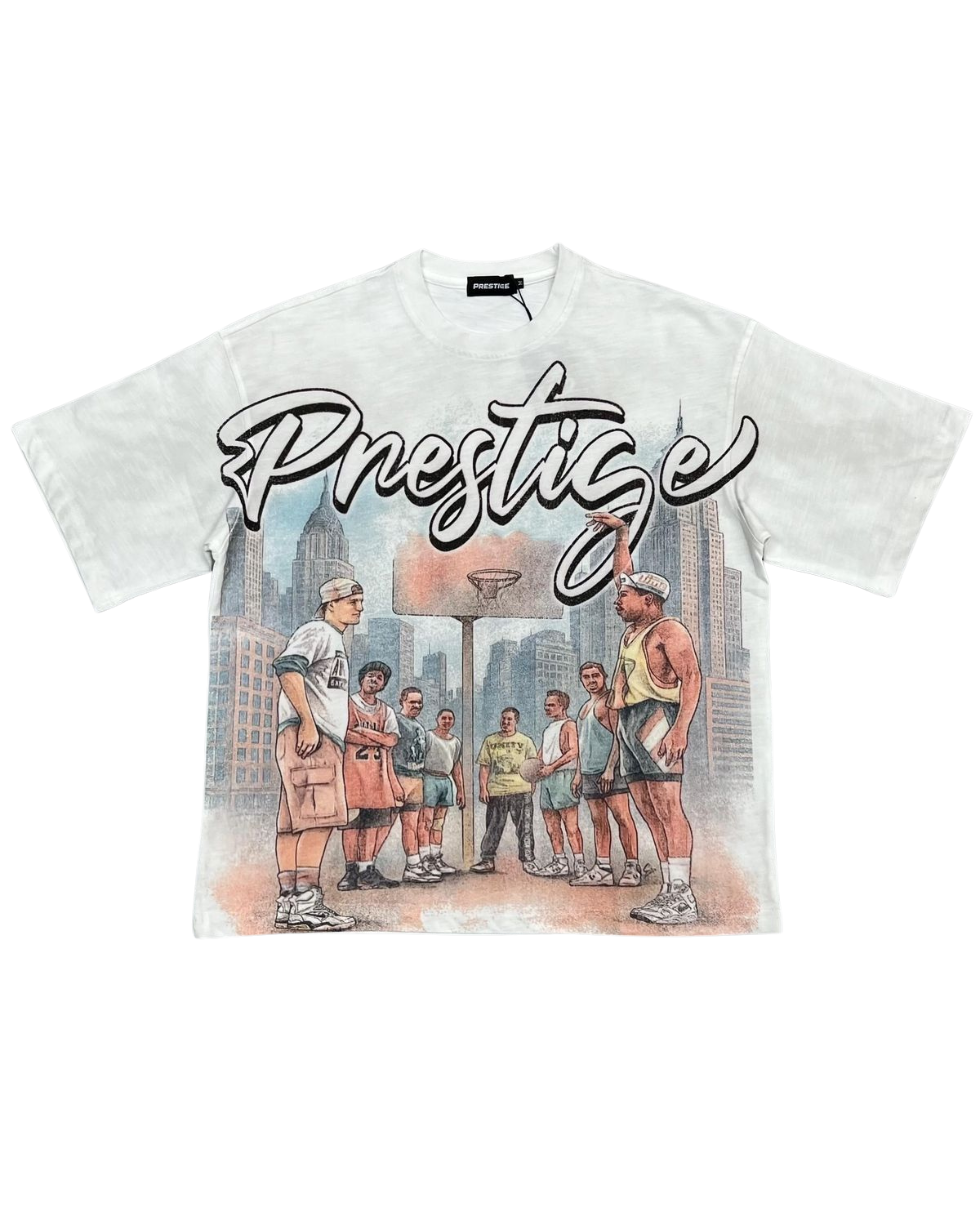 T-shirt with a graphic design of people and the word 'Prestige' on a white background