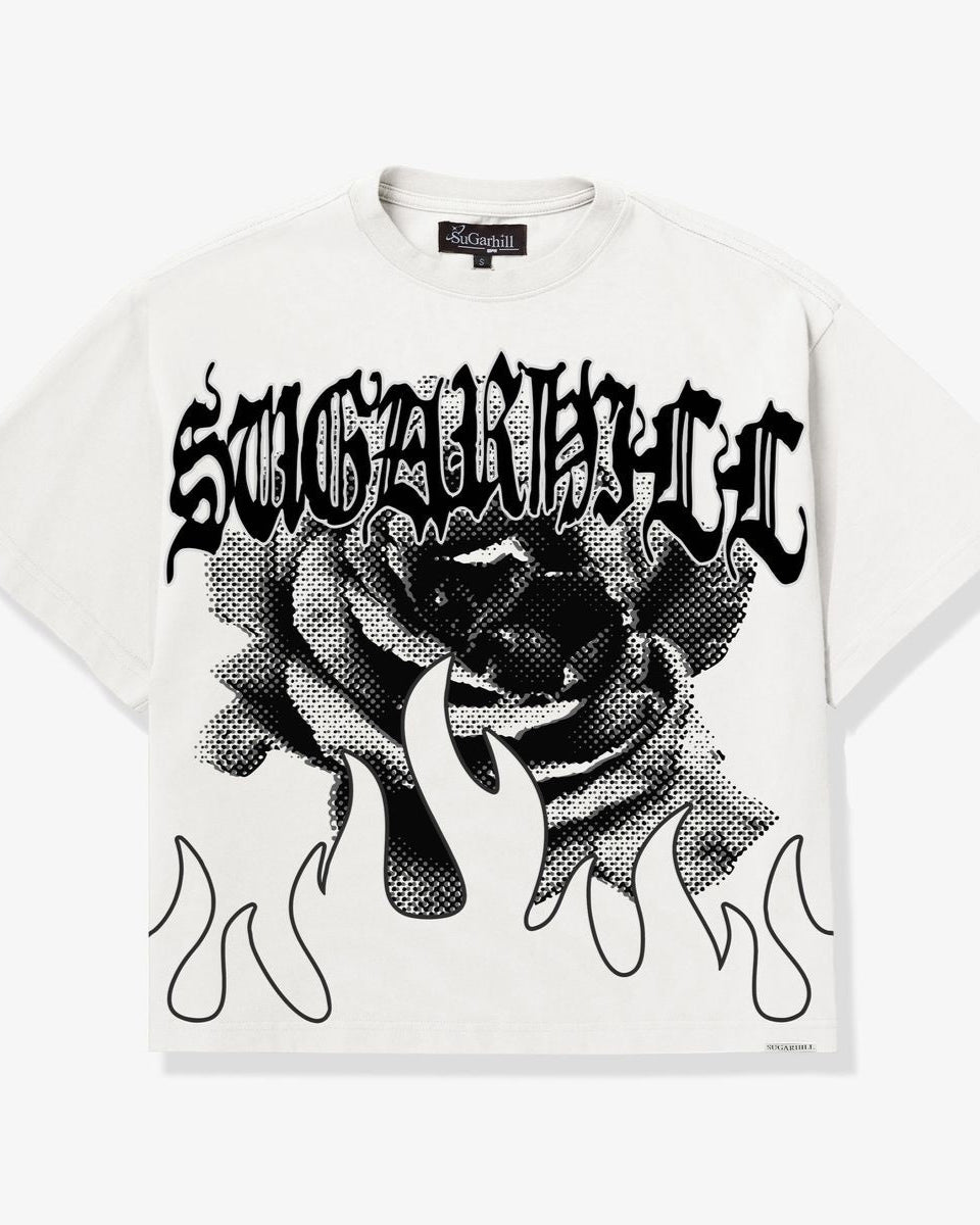 White t-shirt with black graphic design and text on a white background