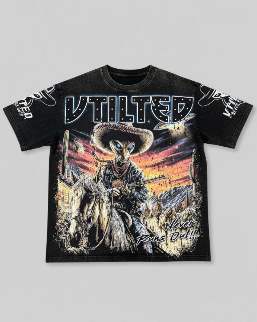 Black t-shirt with a graphic design of a cowboy and horse on a gray background