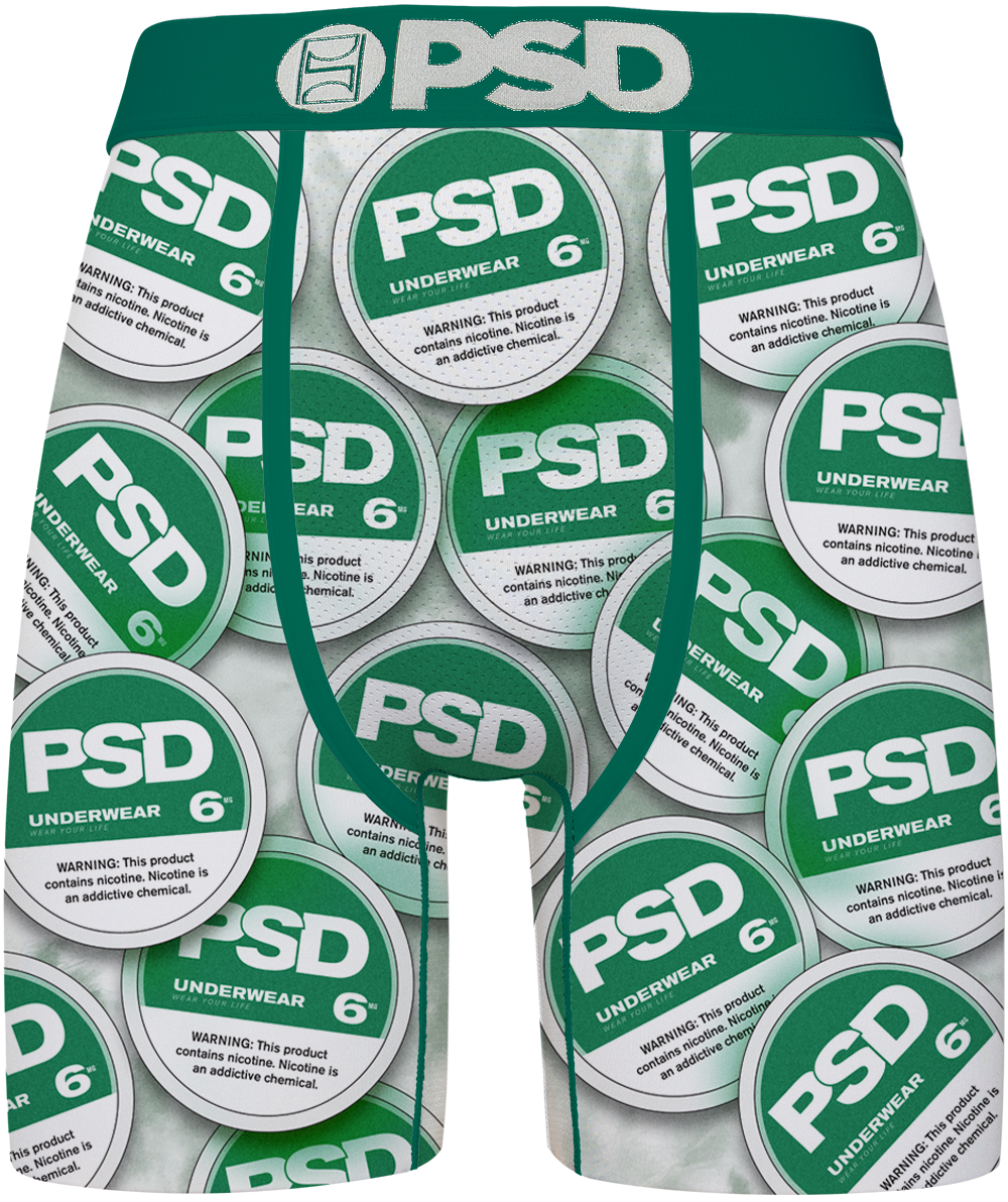 A pair of men's boxer briefs featuring an all-over print of circular green and white 'PSD UNDERWEAR 6' warning labels, with a solid green waistband and leg trim.