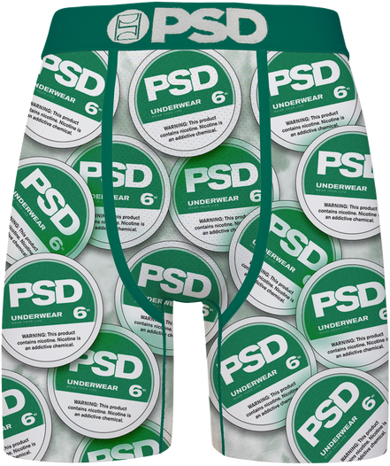 A pair of men's boxer briefs featuring an all-over print of circular green and white 'PSD UNDERWEAR 6' warning labels, with a solid green waistband and leg trim.