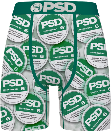 A pair of men's boxer briefs featuring an all-over print of circular green and white 'PSD UNDERWEAR 6' warning labels, with a solid green waistband and leg trim.