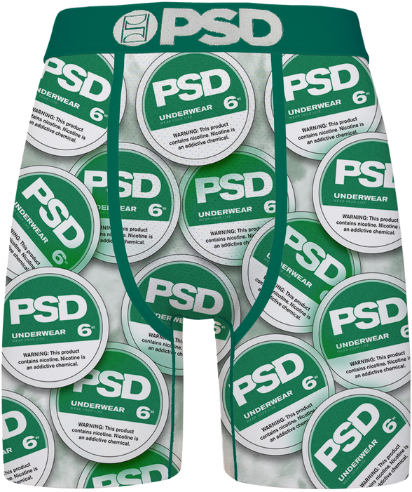 A pair of men's boxer briefs featuring an all-over print of circular green and white 'PSD UNDERWEAR 6' warning labels, with a solid green waistband and leg trim.