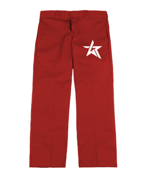 Red pants with a white logo on a white background