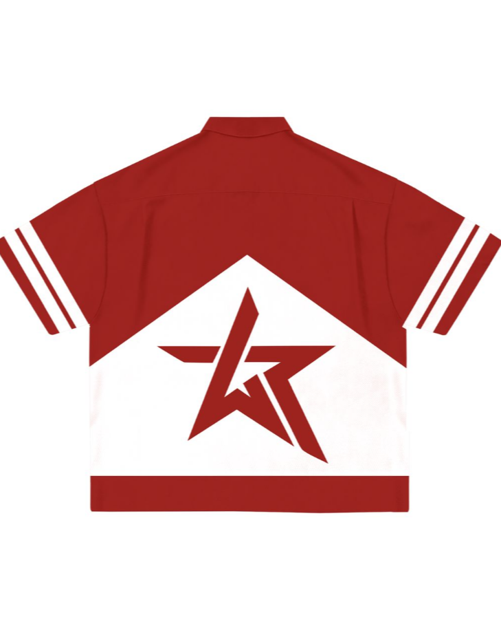 Red and white sports jersey with a star emblem on a white background