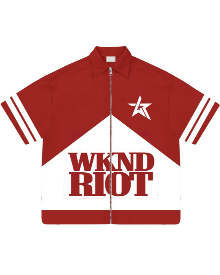 Red and white full-zip shirt with 'WKND RIOT' text and logo on a white background