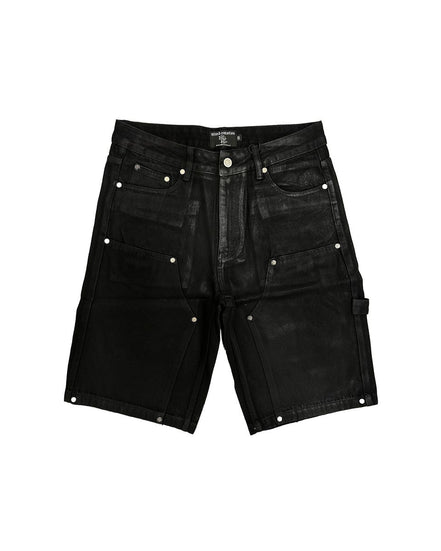 Black denim shorts with studded details on a white background