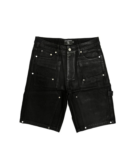 Black denim shorts with studded details on a white background