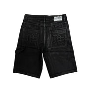 Black denim shorts with brand logo on a white background