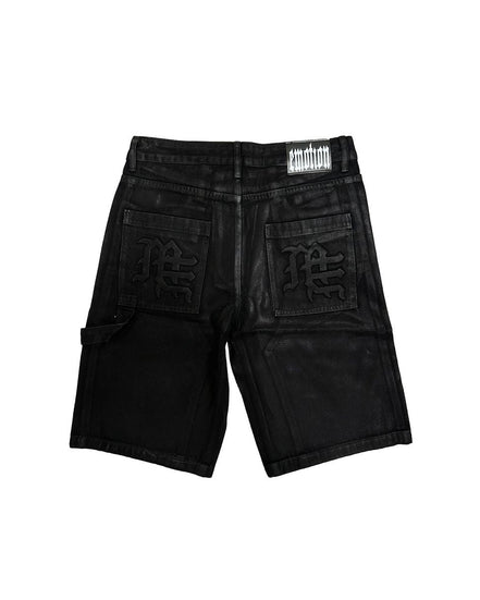 Black denim shorts with brand logo on a white background