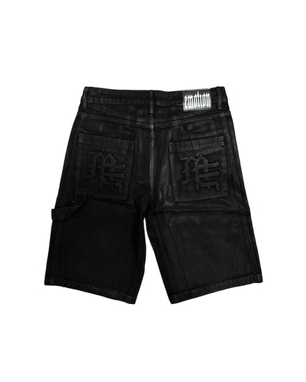 Black denim shorts with brand logo on a white background