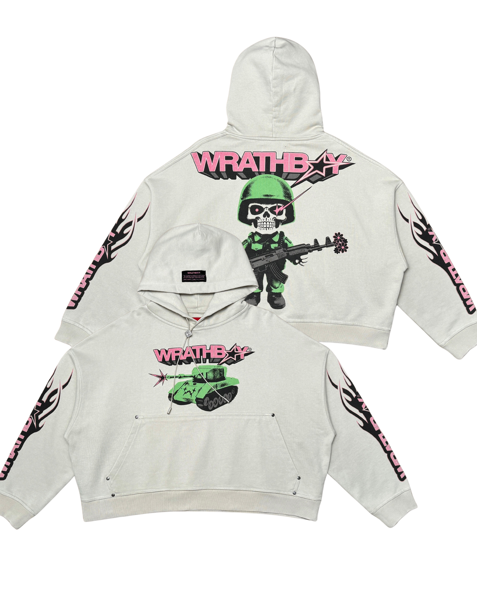 White hoodie with graphic designs and 'Wrath' text on a white background