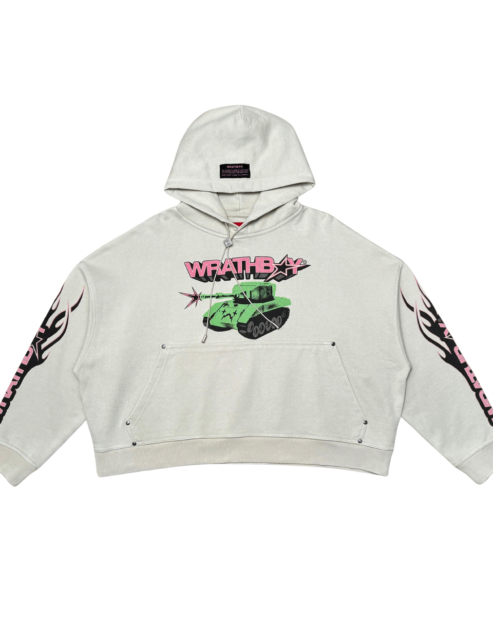 Light gray hoodie with graphic design and text on a white background