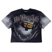 Black t-shirt with graphic design and text on a white background