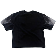 Black t-shirt with marble sleeve design on a white background