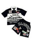 Black and white sports-themed outfit with patches on a white background