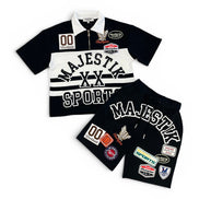 Black and white sports-themed outfit with patches on a white background