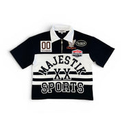 Black and white sports jersey with 'Majestik Sports' branding on a white background