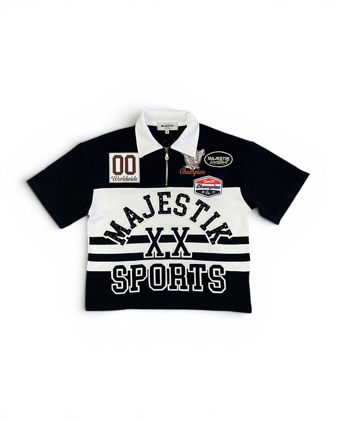 Black and white sports jersey with 'Majestik Sports' branding on a white background