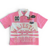 Pink and white sports jersey with 'Majestik Sports' branding on a white background