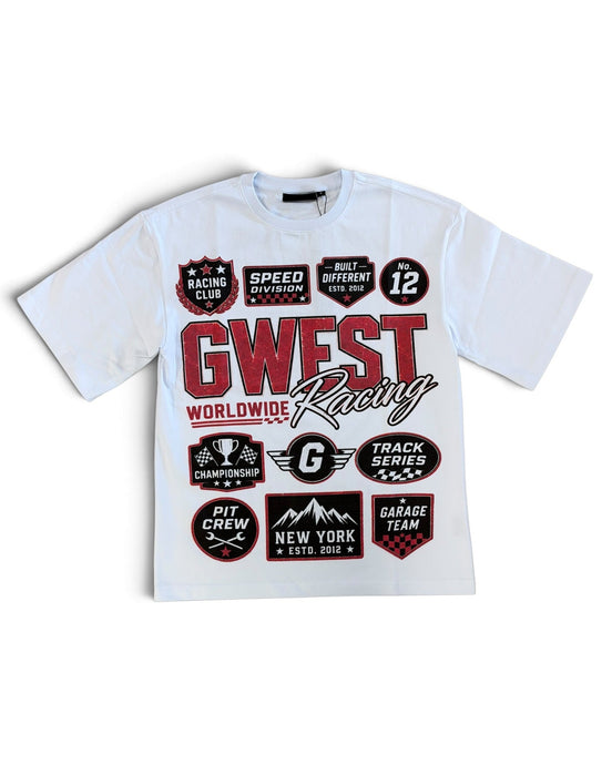 A white short-sleeve t-shirt with a large racing-themed graphic print on the front, featuring the text 'GWEST Racing' and various circular and shield-shaped badges in red, black, and white.