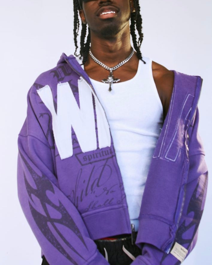 War Cropped Zip Hoodie in color purple