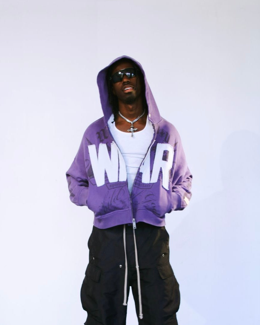 War Cropped Zip Hoodie in color purple