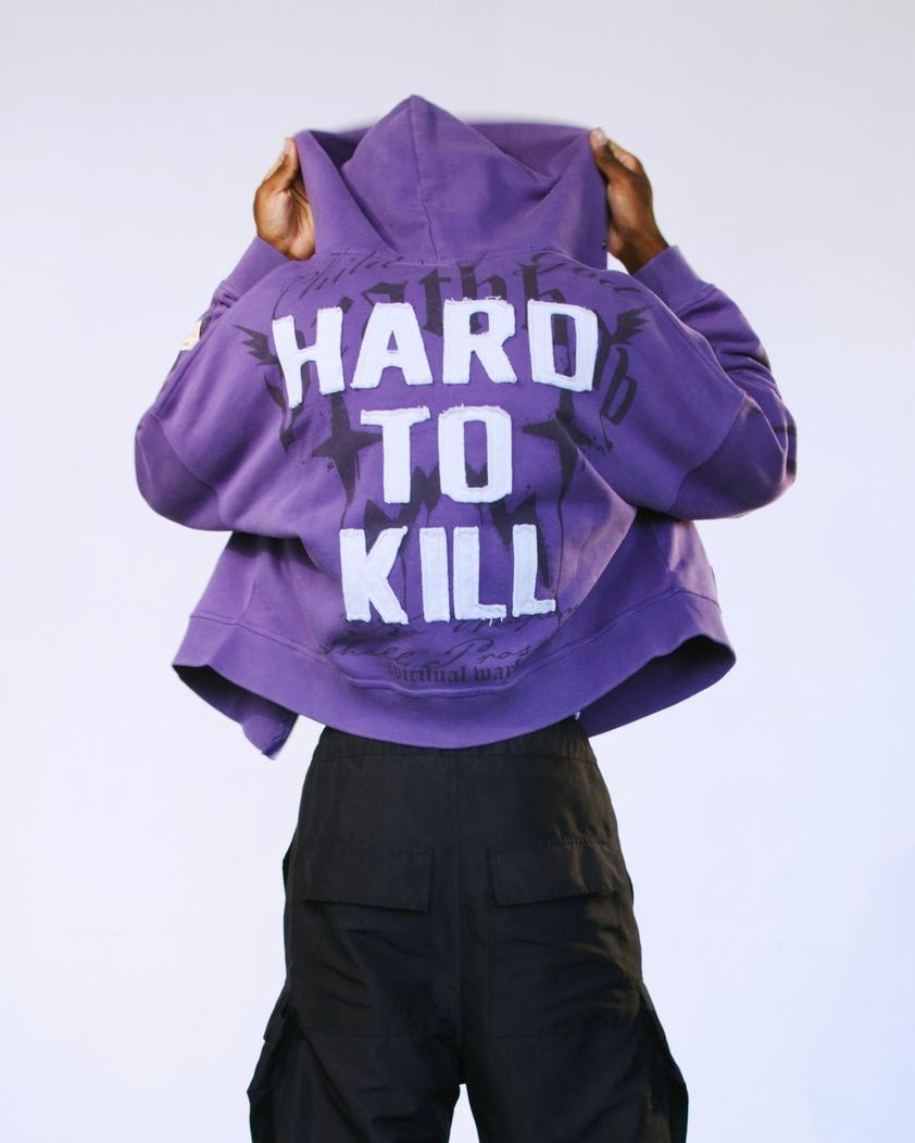 War Cropped Zip Hoodie in color purple