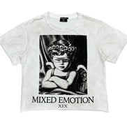 White t-shirt with black and white graphic design and 'MIXED EMOTION XIX' text on a white background