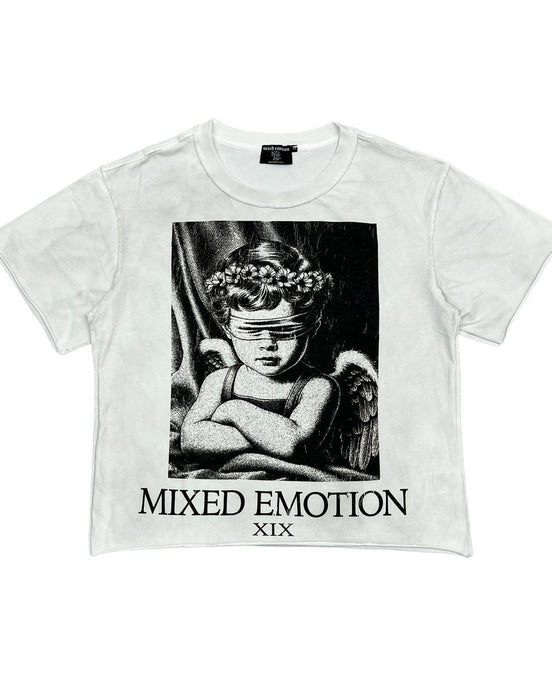 White t-shirt with black and white graphic design and 'MIXED EMOTION XIX' text on a white background