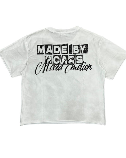 White crop top with black text on a white background