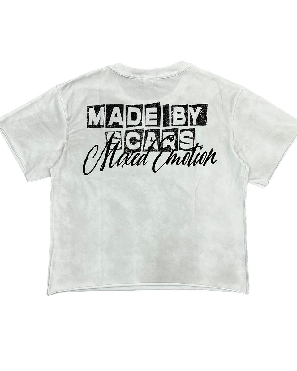 White crop top with black text on a white background