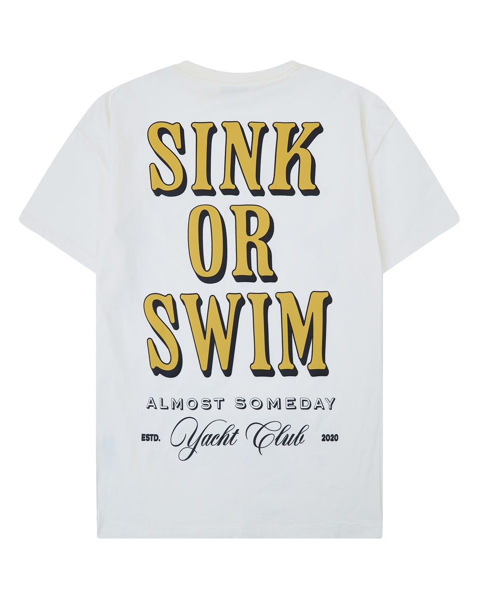 cream t-shirt with 'Sink or Swim' text on a white background