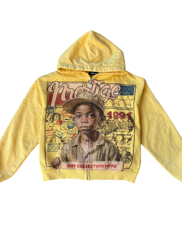 Yellow hoodie with graphic design on a white background