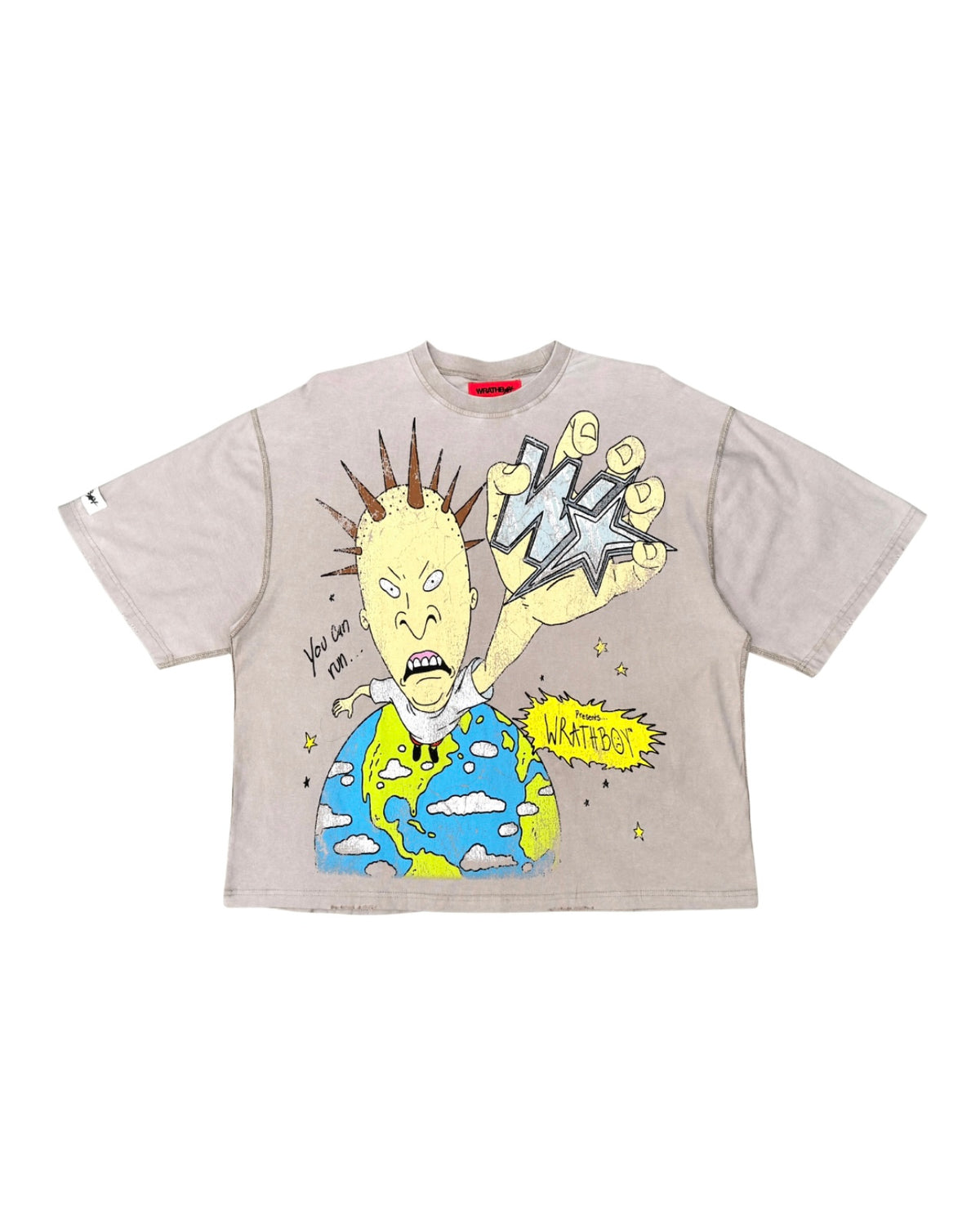 A light beige oversized short-sleeve t-shirt featuring a colorful graphic print of a cartoon character with a star for a head, holding a globe, with a yellow 'W' speech bubble.