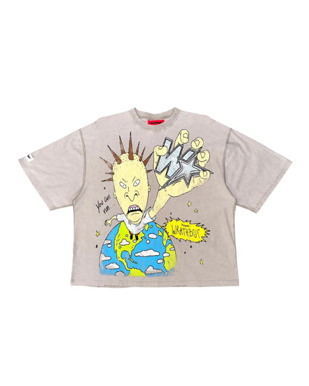 A light beige oversized short-sleeve t-shirt featuring a colorful graphic print of a cartoon character with a star for a head, holding a globe, with a yellow 'W' speech bubble.