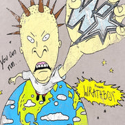 A stylized illustrated cover art piece featuring a cartoon character with a large head, spiky hair, and an angry expression, holding a star-shaped object above a globe. The text 'You can run.
