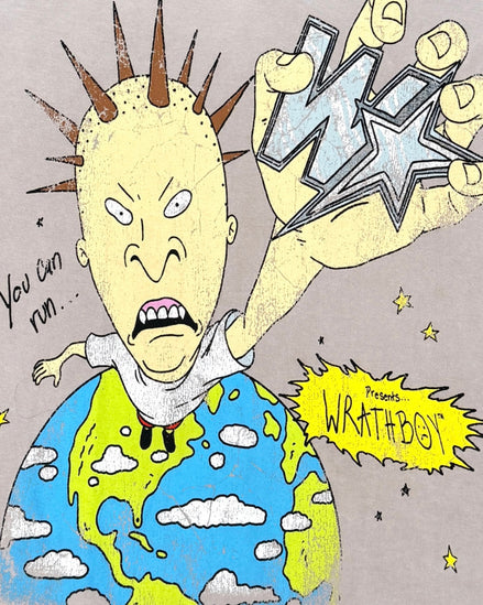 A stylized illustrated cover art piece featuring a cartoon character with a large head, spiky hair, and an angry expression, holding a star-shaped object above a globe. The text 'You can run.