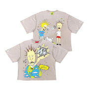 A light beige graphic t-shirt shown from both front and back. The shirt features a cartoon illustration of a spiky-haired character in various poses, including one holding a globe and another with a speech bubble that says 'MADNESS'.