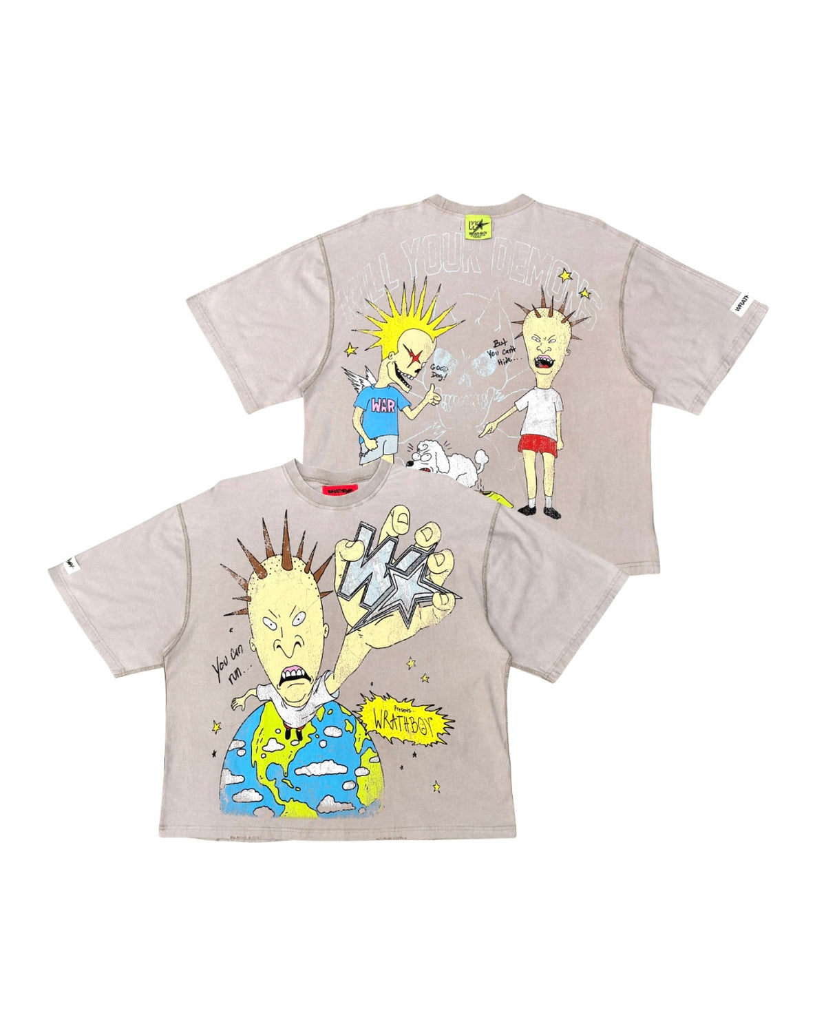 A light beige graphic t-shirt shown from both front and back. The shirt features a cartoon illustration of a spiky-haired character in various poses, including one holding a globe and another with a speech bubble that says 'MADNESS'.