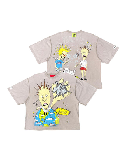 A light beige graphic t-shirt shown from both front and back. The shirt features a cartoon illustration of a spiky-haired character in various poses, including one holding a globe and another with a speech bubble that says 'MADNESS'.