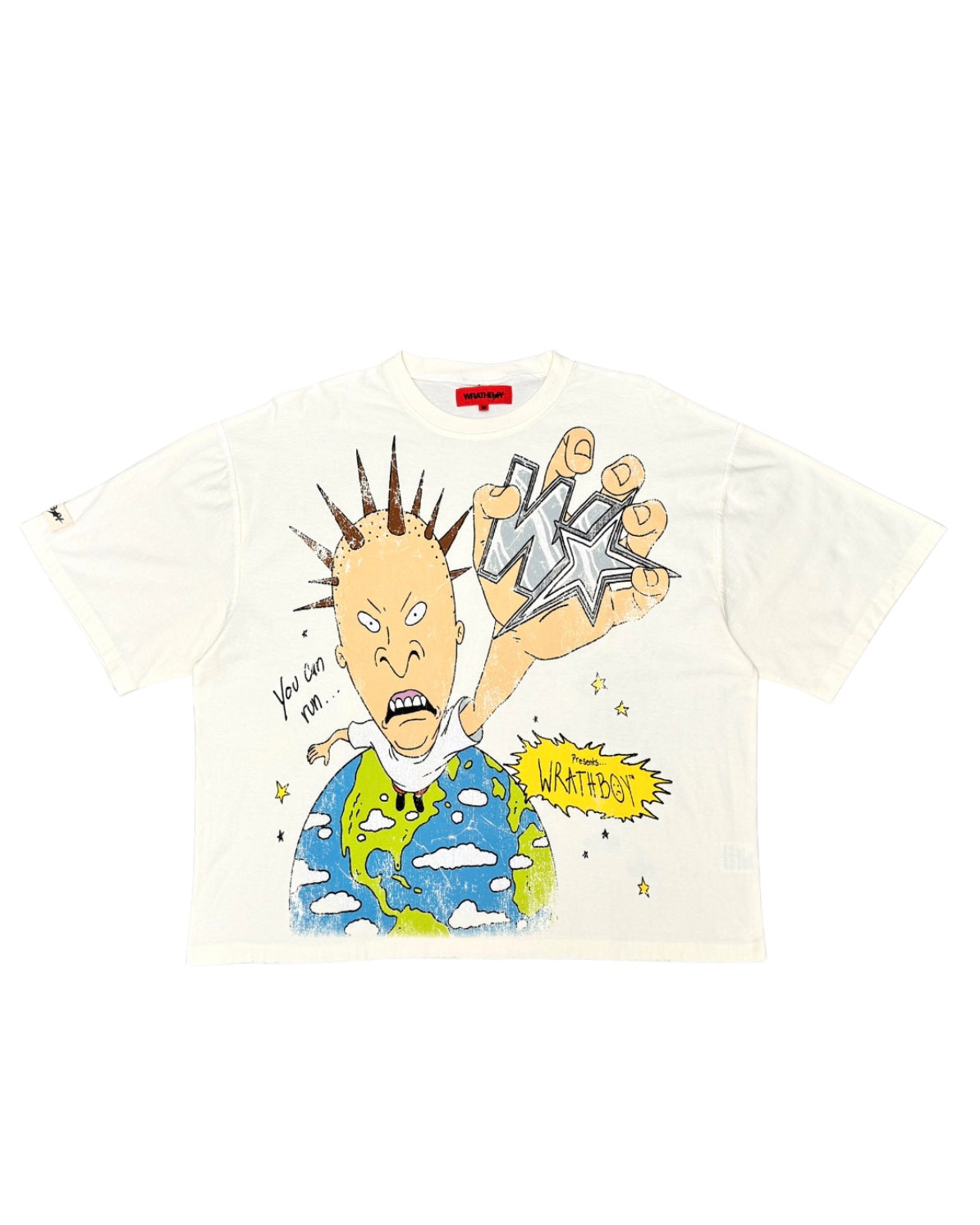 A white short-sleeve graphic t-shirt featuring a cartoon illustration of a spiky-haired character holding a star above a blue and green globe, with a yellow 'WHAT?' speech bubble.