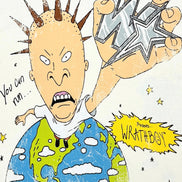 A cartoon-style illustrated cover or print featuring a spiky-haired angry figure holding a large metallic star-like letter over a globe, with the text 'You can run.