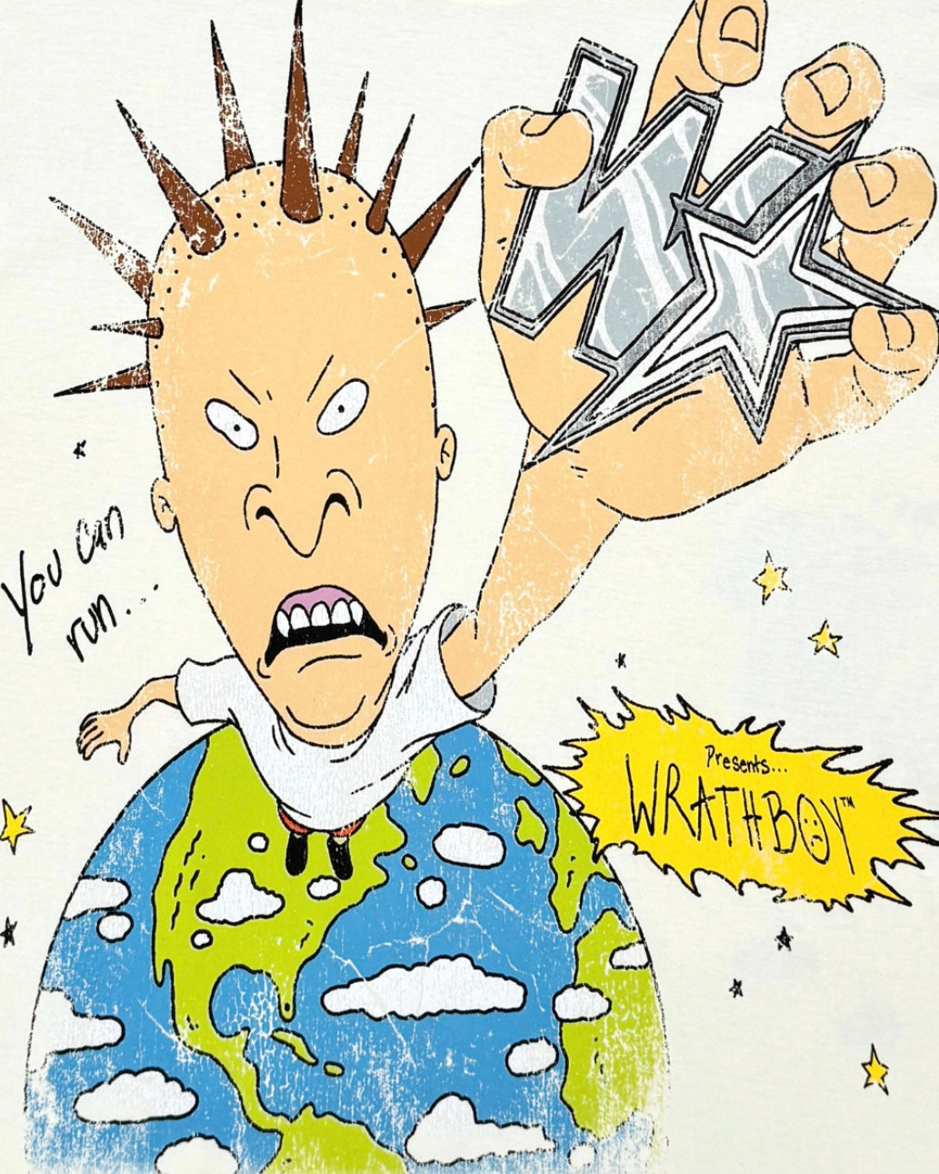 A cartoon-style illustrated cover or print featuring a spiky-haired angry figure holding a large metallic star-like letter over a globe, with the text 'You can run.