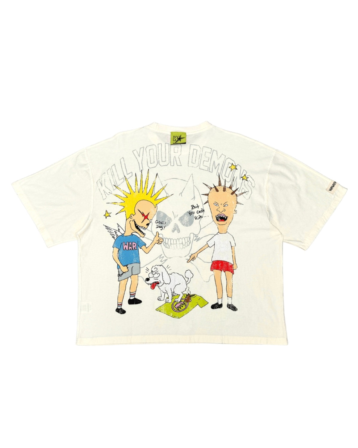 An off-white short-sleeve graphic t-shirt featuring a cartoon illustration of two characters, a skull, and the text 'KILL YOUR DEMONS' on the front, displayed flat against a white background.