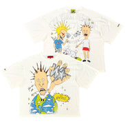 Two white graphic t-shirts shown flat against a white background, displaying the front and back designs featuring a cartoon character with spiky hair and the text 'KILL YOUR DEVMAN'.