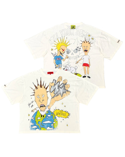 Two white graphic t-shirts shown flat against a white background, displaying the front and back designs featuring a cartoon character with spiky hair and the text 'KILL YOUR DEVMAN'.