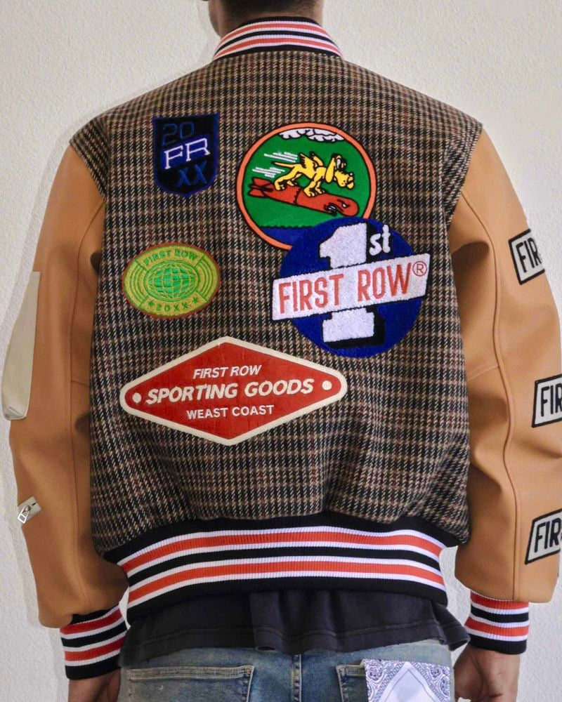 first row all over logo varsity jacket in brown