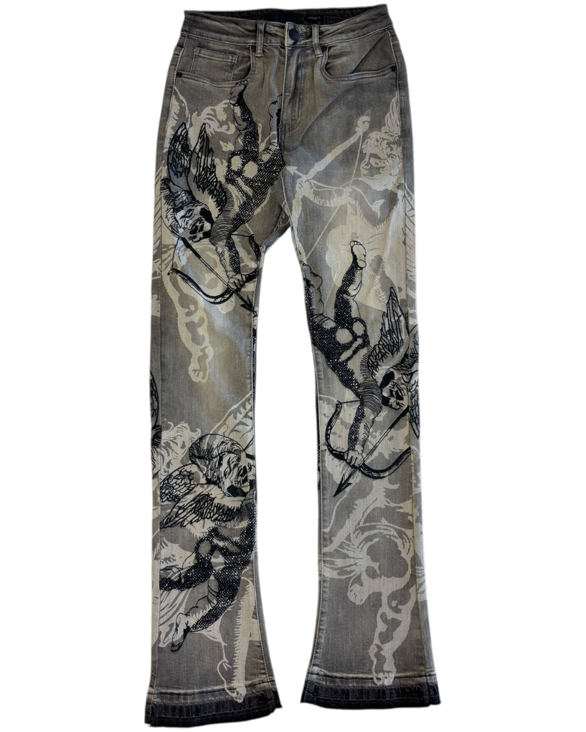 Denim jeans with graphic designs on a white background