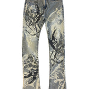 Denim jeans with graphic designs on a white background